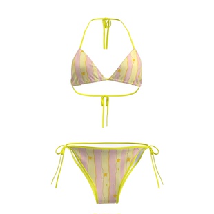 高级感黄色星星设计比基尼女女分体绑带条纹印花沙滩泳衣海边度假