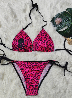 2025新款性感豹纹骷髅头比基尼泳衣小胸辣妹风分体泳装度假泳装