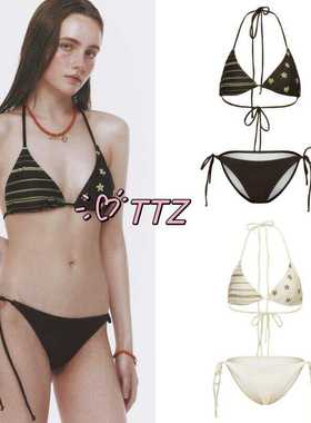 泰国小众碎花拼条纹泳衣女高级感分体纯欲遮肚子显瘦度假比基尼夏