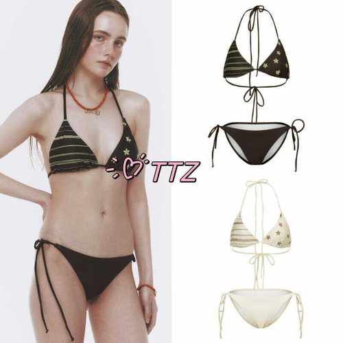 拼条纹小众度假高级感碎花比基尼