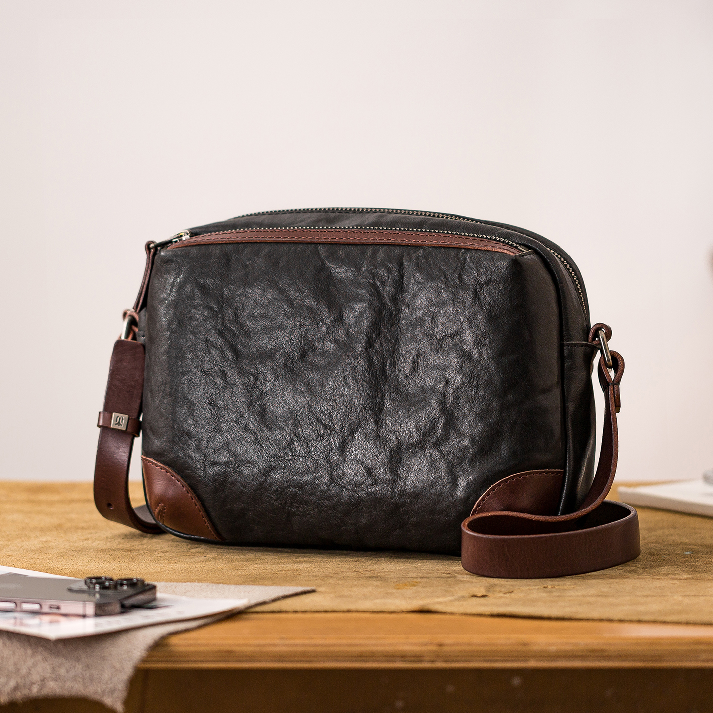 后步真皮单肩包休闲撞色斜挎包潮