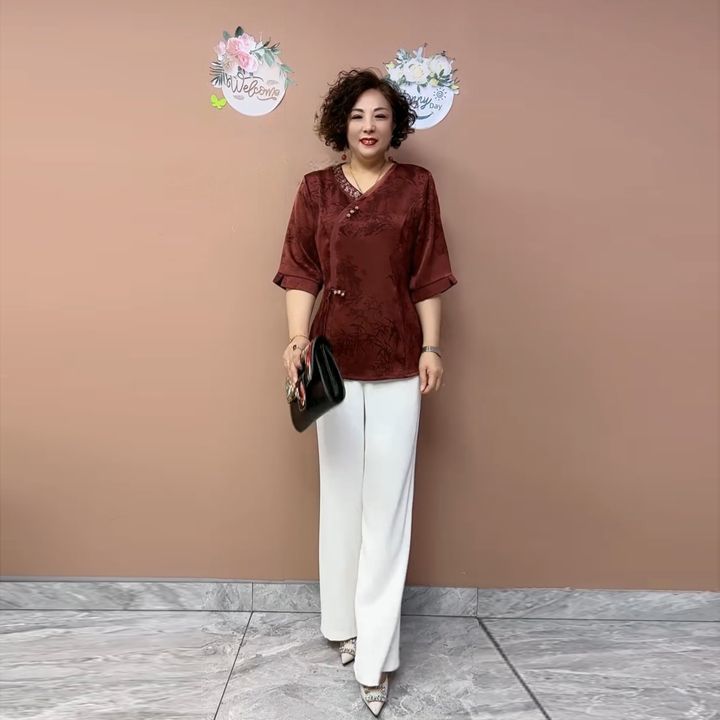 夏季新款真丝套装洋气妈妈装上衣裤子两件套中老年宽松大码小衫女