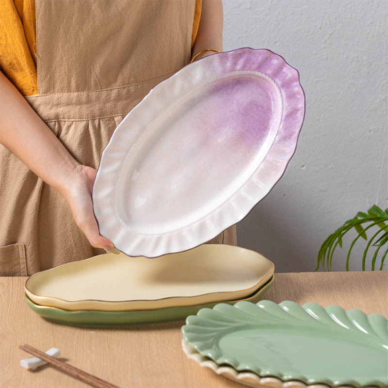紫色鱼盘家用高端大号装鱼蒸鱼盘高级感椭圆形盘子微波炉陶瓷烤盘