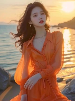 橘色雪纺衬衫连衣裙春装女2024年新款女高端精致法式绝美小裙海边