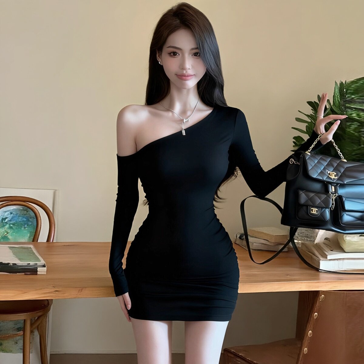 小黑裙女辣妹紧身包臀褶皱短款收腰气质性感漏肩长袖纯欲连衣裙潮