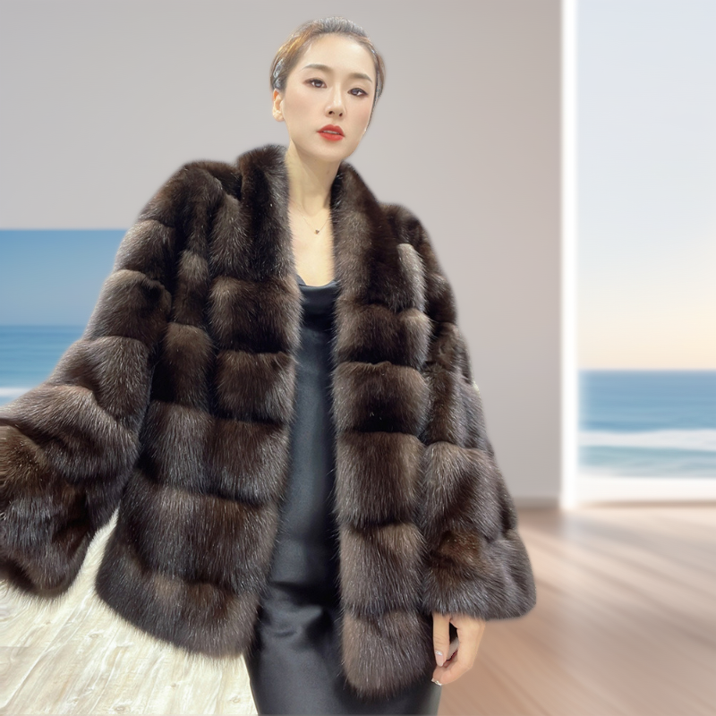 短款紫貂大衣V领皮草女2025冬季新款显瘦百搭高端俄罗斯复古外套