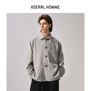 KOERRL LEM风羊毛衬衣纽扣外套 桑蚕丝绵羊毛混纺口袋加厚衬衫