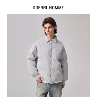 高蓬松90白鹅绒填充 羽绒服 KOERRL 重工十字银扣条纹衬衣式