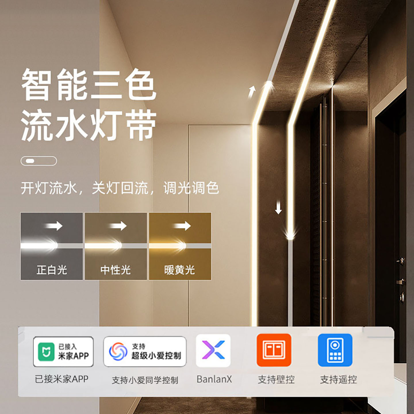 智能COB三色变光追光流水灯带