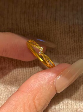 新中式公主心结沙金交叉绳戒指女款轻奢气质设计感百搭素圈金戒指