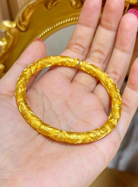 新中式古法黄金色牡丹花手镯女款开口镯子实心百搭重工手环饰品潮