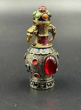 古玩藏银鼻烟壶镶嵌双面宝石景泰蓝烟具特色手工艺品仿古收藏