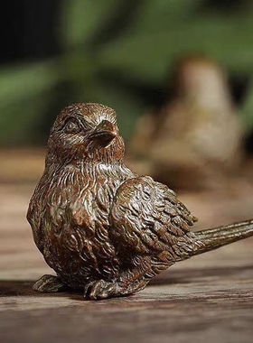 古玩合金铜小麻雀喜鹊小鸟祈福摆件茶道茶艺桌面装饰摆件古玩小鸟