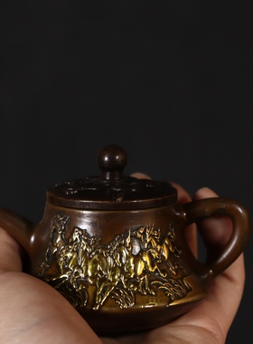 仿古黄铜八骏图小茶壶摆件办公室茶具复古功夫茶具泡茶壶中式礼品