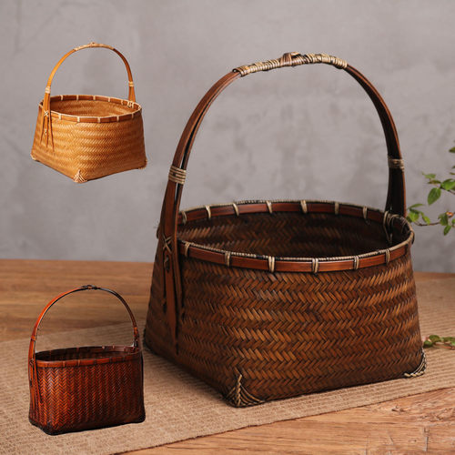 竹编手提篮子家用面 面包蔬菜水果竹篮小竹筐子手工精编篮老式覆