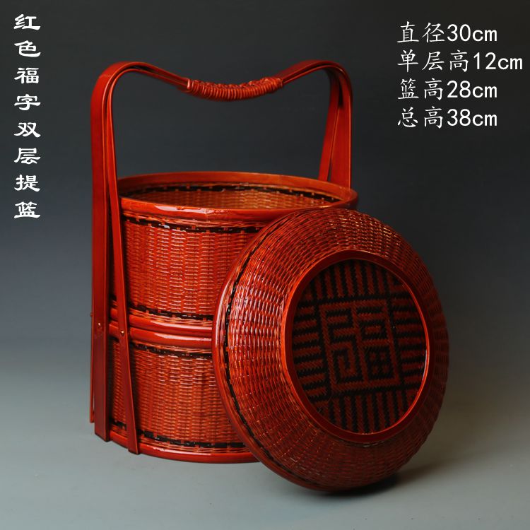 手工竹编篮子结婚手提篮子拜拜篮圆形三层双层食盒家用饭店送餐篮