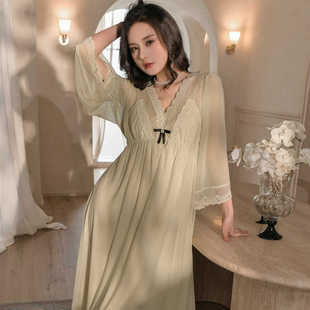 逸尔乐原创带胸垫睡衣女秋性感长袖 蕾丝花边仙女睡裙显瘦 V领法式