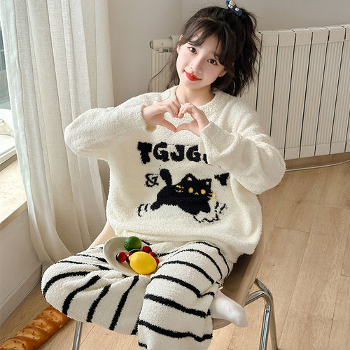 女童冬季半边绒睡衣家居服套装潮