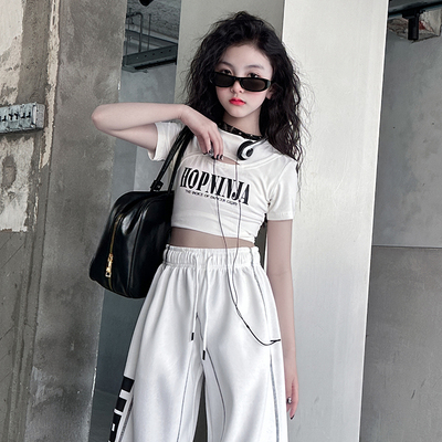 女童街舞镂空白色短袖露脐T恤