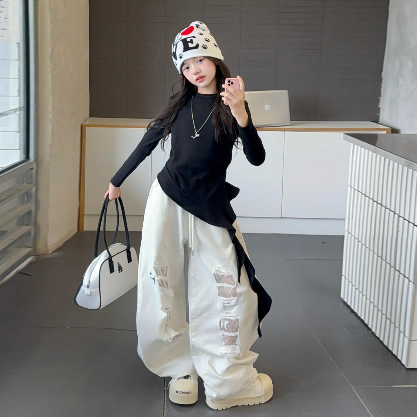 春秋女童燕尾长袖T恤中长款