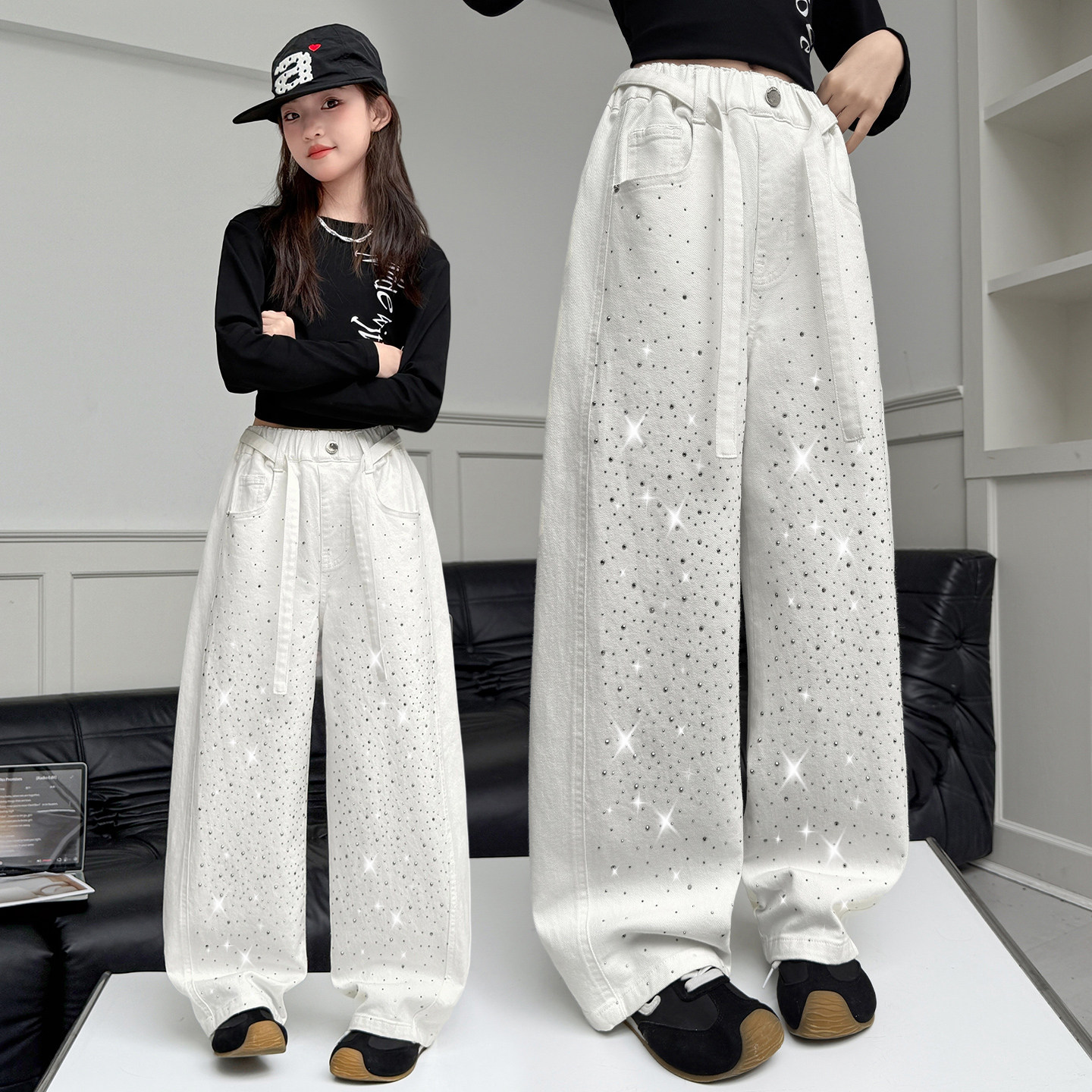 女童烫钻弯刀裤新款春秋洋气白色儿童裤子时髦百搭休闲长裤秋冬,童装/婴儿装/亲子装,裤子,淘宝优惠券,粉丝福利购,淘宝优惠卷