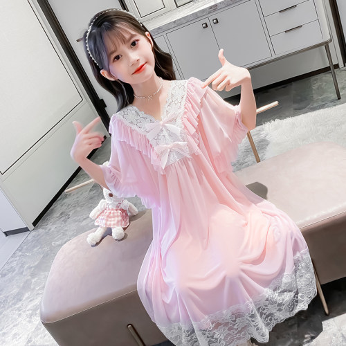 夏季女童短袖蕾丝甜美家居服裙子