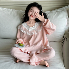 女童睡衣春秋季纯棉高级感可外穿洋气套装蕾丝边潮款家居服套装潮