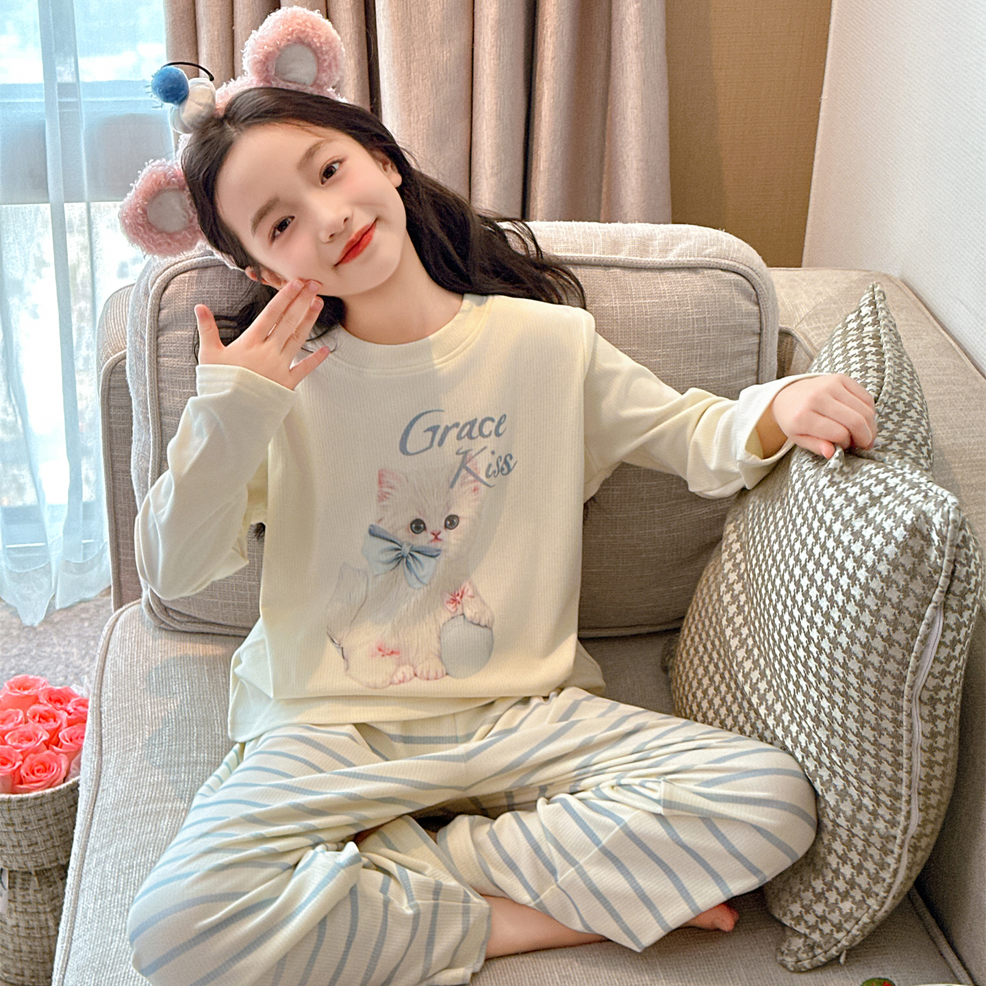 女童秋冬款德绒洋气加厚睡衣套装