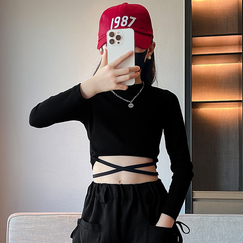 长袖露脐短款修身黑色街舞爵士舞