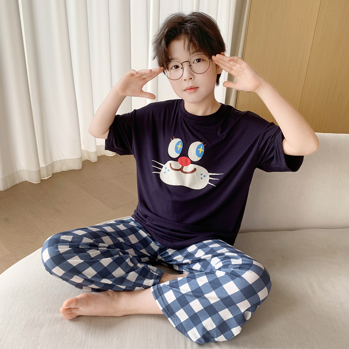 卡通猫咪男童睡衣三件套夏季短袖长裤空调服中大童家居服套装休闲