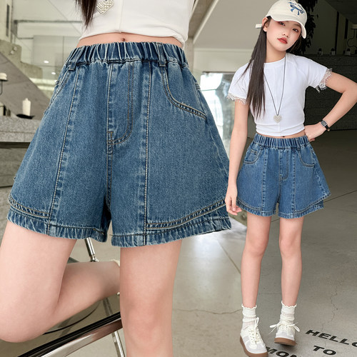 女童夏季高腰薄款牛仔假两件裙裤