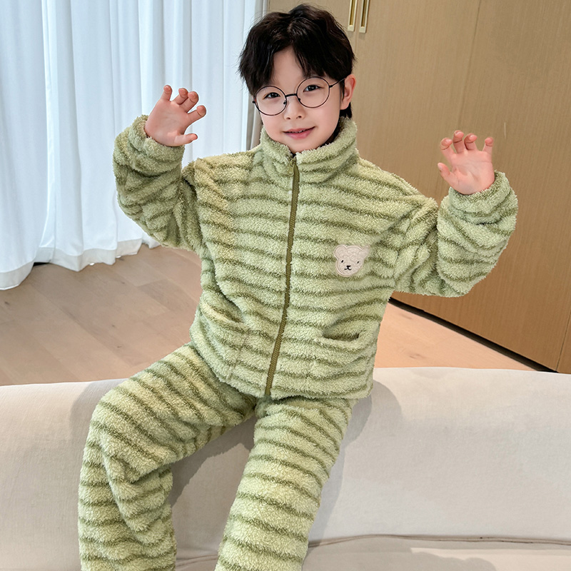 立领拉链法兰绒家居服条纹洋气冬