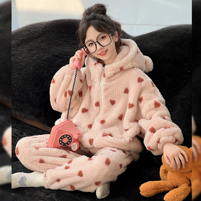 法兰绒套装连帽珊瑚家居服秋冬