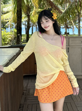 夏天橙色少女分体保守四件套比基尼遮肉显瘦短裙四件套罩衫泳衣女