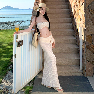 针织抹胸度假长裙比基尼三件套性感高级露背钩花白色分体半裙泳衣