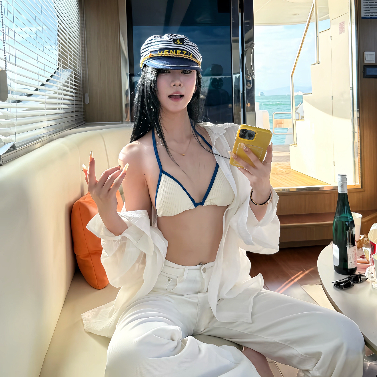 海军风简约白色比基尼海岛游艇内搭绑带性感露背三点式度假泳衣女