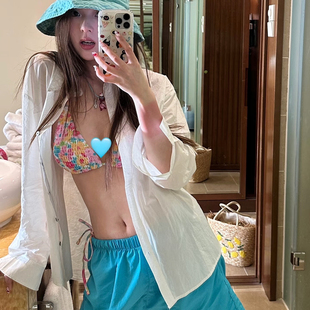 清新感碎花比基尼性感抽褶三点式带胸垫长袖白色衬衫外套海边泳衣