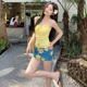 甜妹黄色毛巾抹胸小花蓝色短裙性感辣妹显瘦分体海边度假泳衣女夏