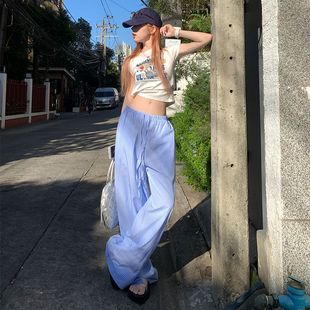 海边度假蓝色条纹长裤搭配比基尼沙滩裤子女抽绳阔腿夏天显瘦辣妹