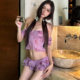 氛围感葡萄紫度假抽褶显瘦遮肉俏皮分体一字肩海岛泳衣女辣妹短裙