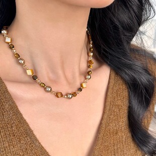 时髦秋冬美拉德虎眼石串珠项链气质轻奢简约毛衣链女