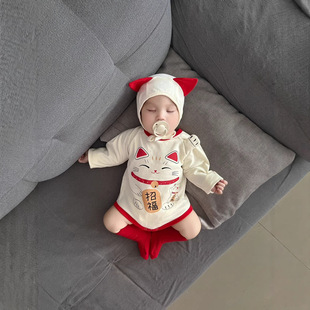 宝宝新年喜庆连体衣 婴儿哈衣ins招财猫造型爬服套装 25新款 韩版