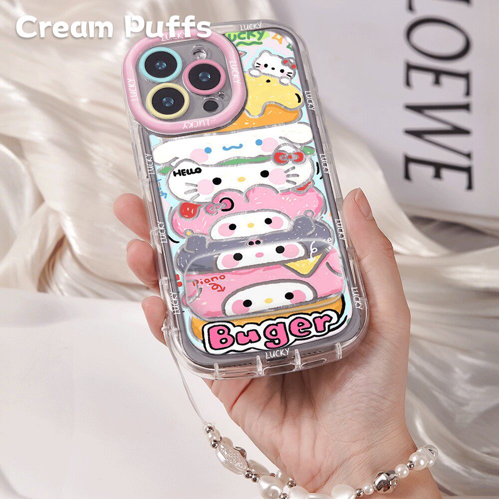 汉堡KT猫iPhone13可爱适用OPPORENO15带挂绳16plus高颜值一加ACE6卡通手机壳软苹果1p镜子支架17ProMax少女心