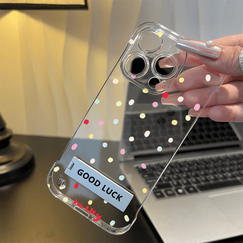 波点无边框iPhone13手机壳带支架K12S适用荣耀X70I透明16ProMax超薄小米15苹果14Plus高级感1加ACE5硬ins风女
