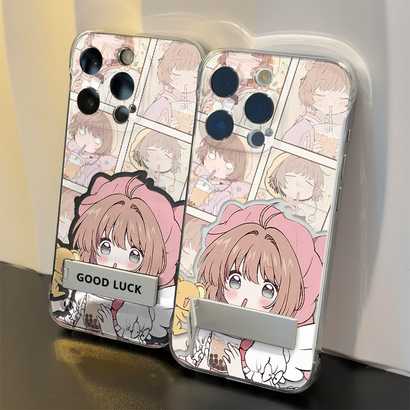 苹果15无边框OPPOReno13手机壳带支架12适用红米TURBO4PRO硬奶茶百变小樱iPhone16高级感14promax超薄k80透明