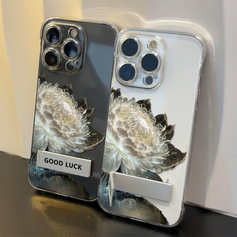 白莲花无边框iPhone12手机壳带支架NOVA13适用荣耀X70I透明1加ACE5苹果14ProMax超薄15Ultra高级感16硬创意女