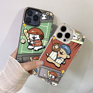 苹果15plus打棒球线条小狗16手机壳硬14适用VIVO华为iPhone13彩银12ProMax情侣华为Mate70可爱真我gt7pro新款