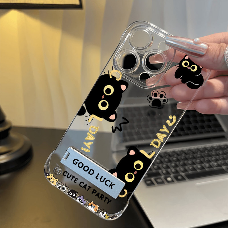 红米note13透明12ProMax适用硬探头黑猫iPhone16高级感苹果15超薄14plus无边框17Air手机壳带支架VIVOs30可爱