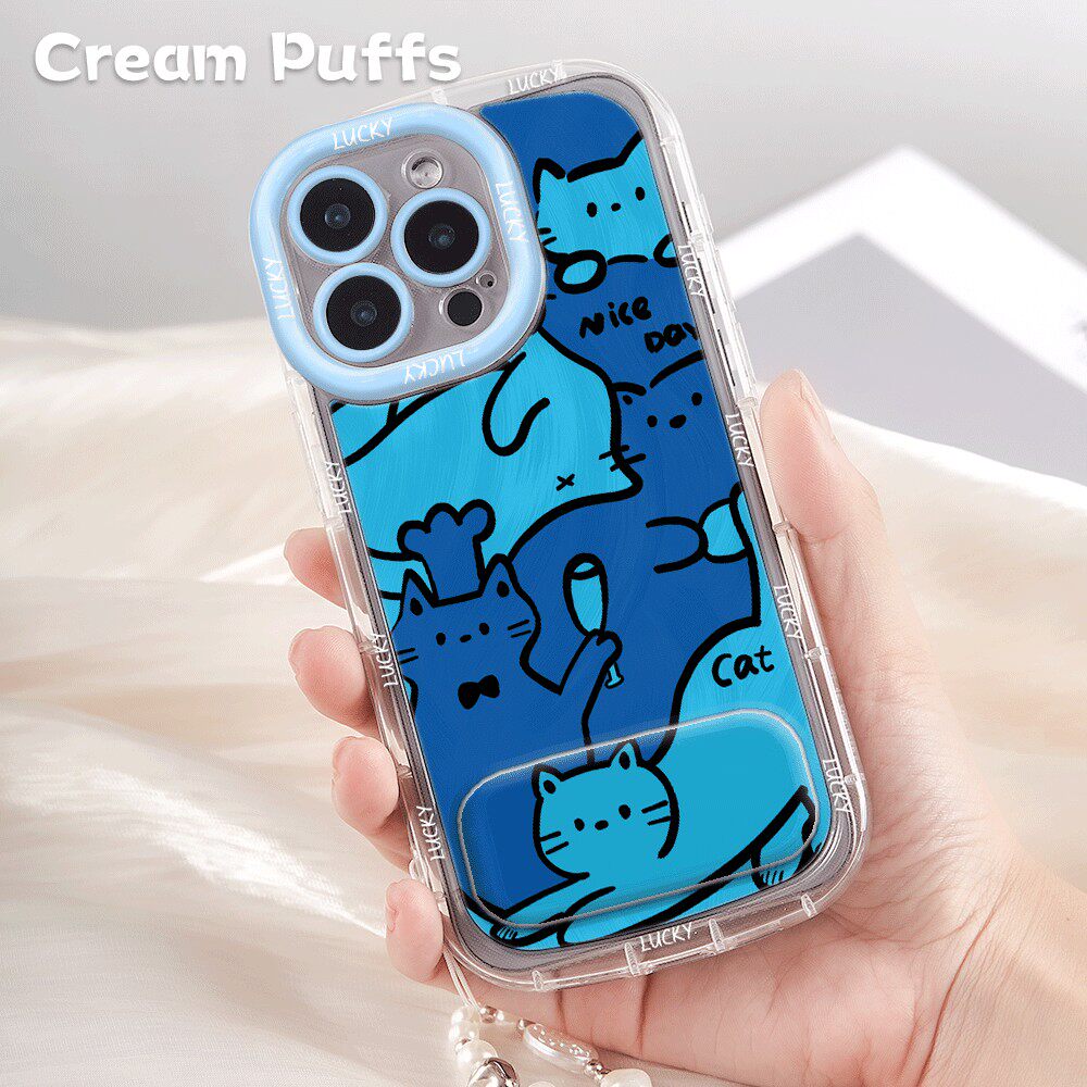 蓝色小猫iPhone14ProMax软羽纱泡芙16plus镜子支架12带挂绳VIVOX300PRO苹果15少女心手机壳ins风13适用小米17