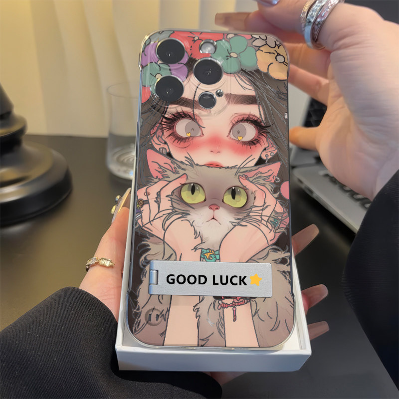 OPPOfindx8女孩小猫小米透明硬VIVO高颜值手机壳带支架13pm华为适用iPhone14无边框16超薄12promax苹果15荣耀